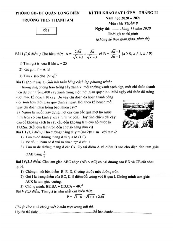 Đề khảo sát Toán 9 tháng 11 năm 2020 trường THCS Thanh Am – Hà Nội