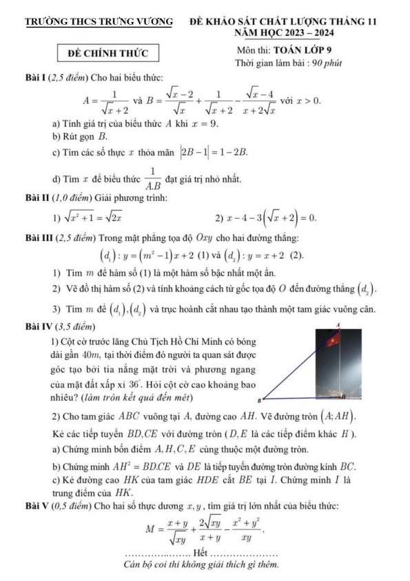 Đề khảo sát Toán 9 tháng 11 năm 2023 – 2024 trường THCS Trưng Vương – Hà Nội
