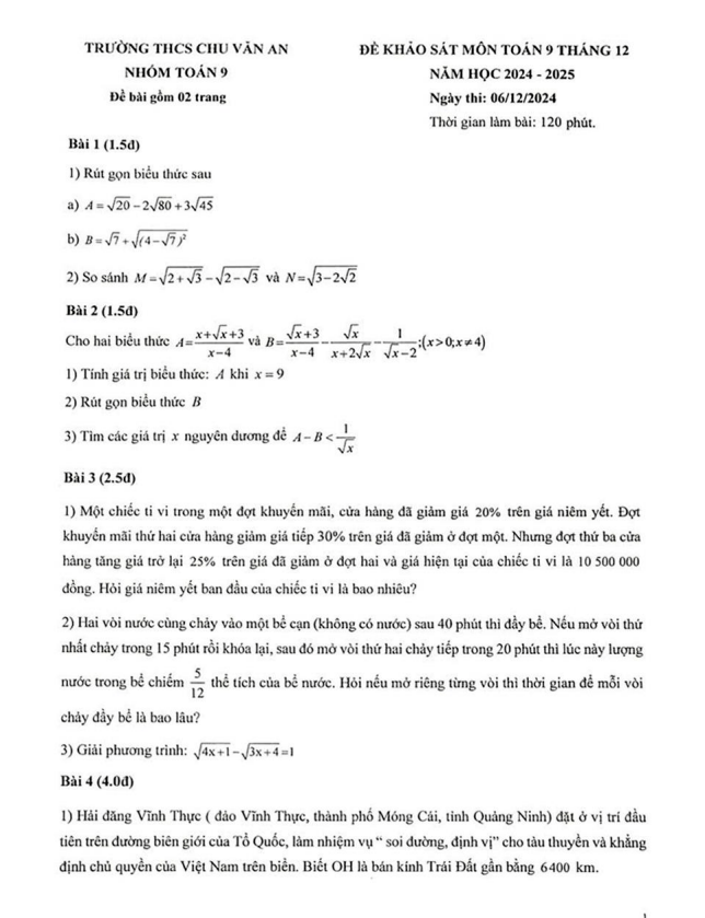 Đề khảo sát Toán 9 tháng 12 năm 2024 – 2025 trường THCS Chu Văn An – Hà Nội