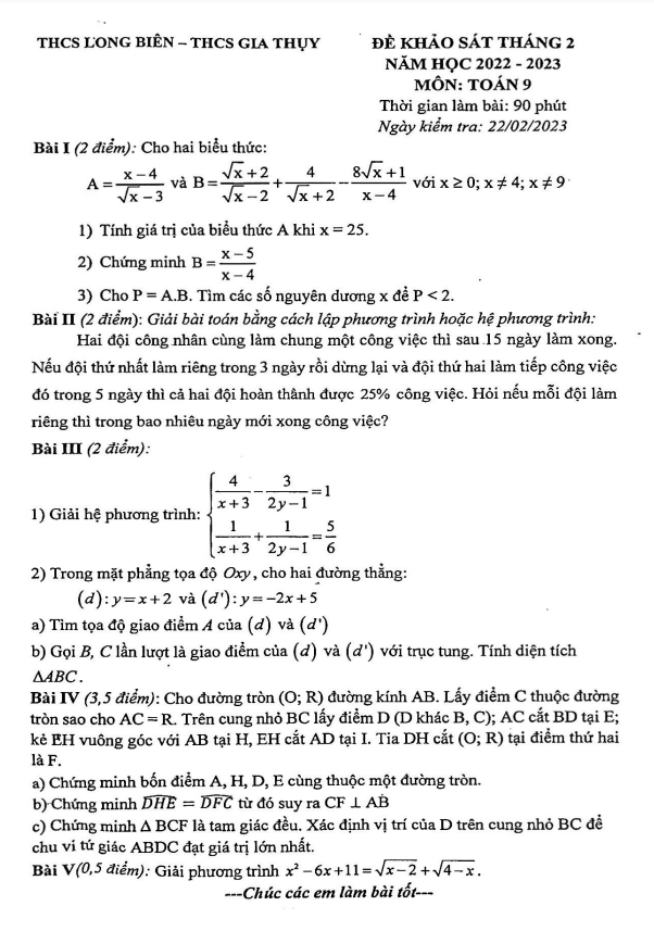Đề khảo sát Toán 9 tháng 2 năm 2023 trường THCS Long Biên – Hà Nội