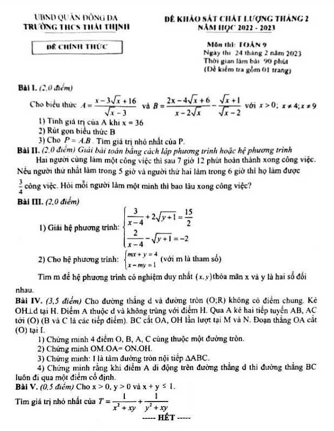 Đề khảo sát Toán 9 tháng 2 năm 2023 trường THCS Thái Thịnh – Hà Nội