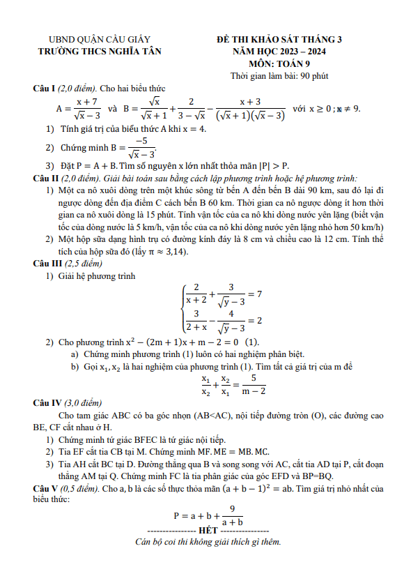 Đề khảo sát Toán 9 tháng 3 năm 2024 trường THCS Nghĩa Tân – Hà Nội