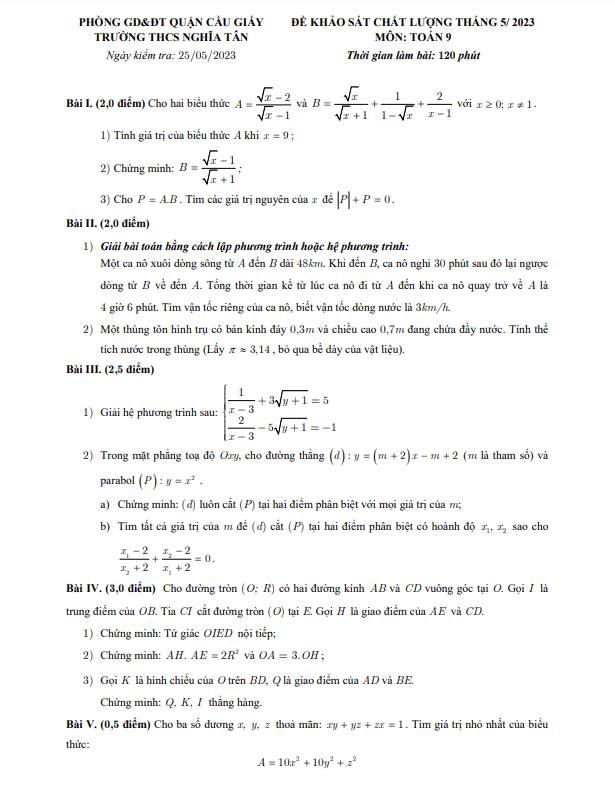 Đề khảo sát Toán 9 tháng 5 năm 2023 trường THCS Nghĩa Tân – Hà Nội