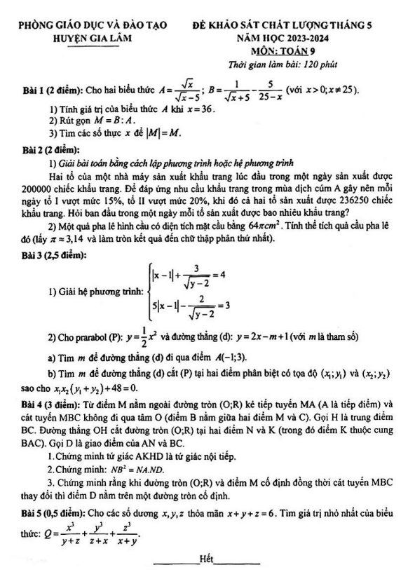 Đề khảo sát Toán 9 tháng 5 năm 2024 phòng GD&ĐT Gia Lâm – Hà Nội