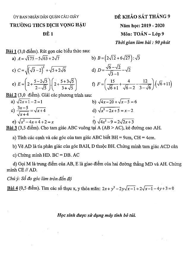 Đề khảo sát Toán 9 tháng 9 năm 2019 – 2020 trường Dịch Vọng Hậu – Hà Nội