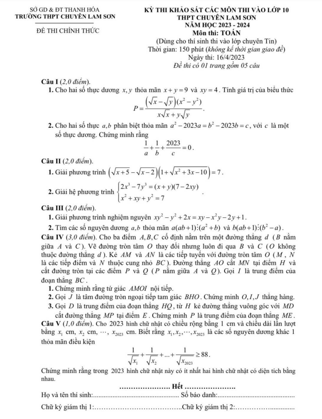 Đề khảo sát Toán (Tin) vào 10 năm 2023 – 2024 trường chuyên Lam Sơn – Thanh Hóa