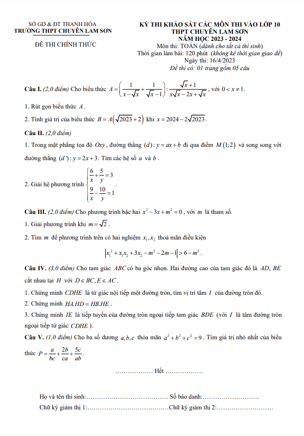 Đề khảo sát Toán vào 10 năm 2023 – 2024 trường chuyên Lam Sơn – Thanh Hóa