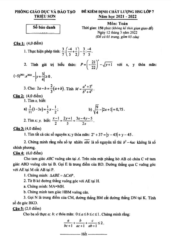 Đề kiểm định HSG Toán 7 năm 2021 – 2022 phòng GD&ĐT Triệu Sơn – Thanh Hóa
