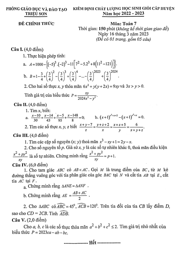 Đề kiểm định HSG Toán 7 năm 2022 – 2023 phòng GD&ĐT Triệu Sơn – Thanh Hóa