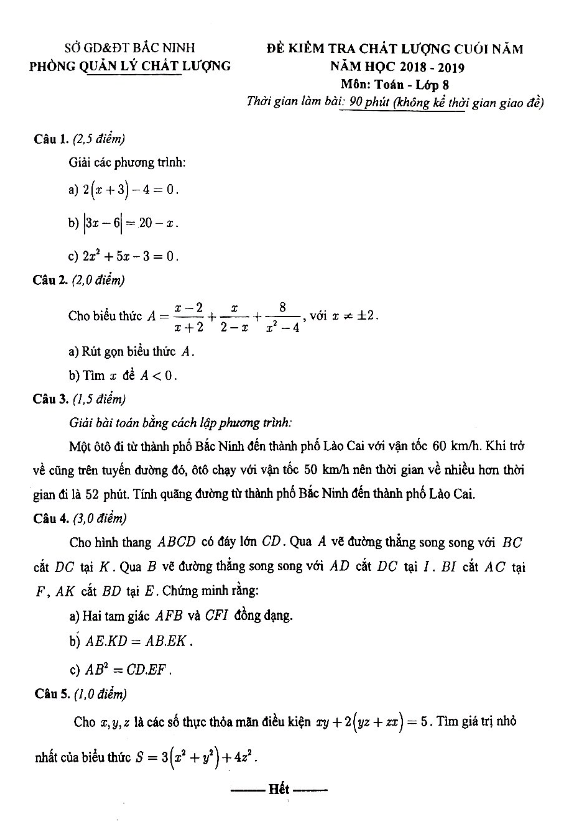 Đề kiểm tra chất lượng cuối năm Toán 8 năm 2018 – 2019 sở GD&ĐT Bắc Ninh