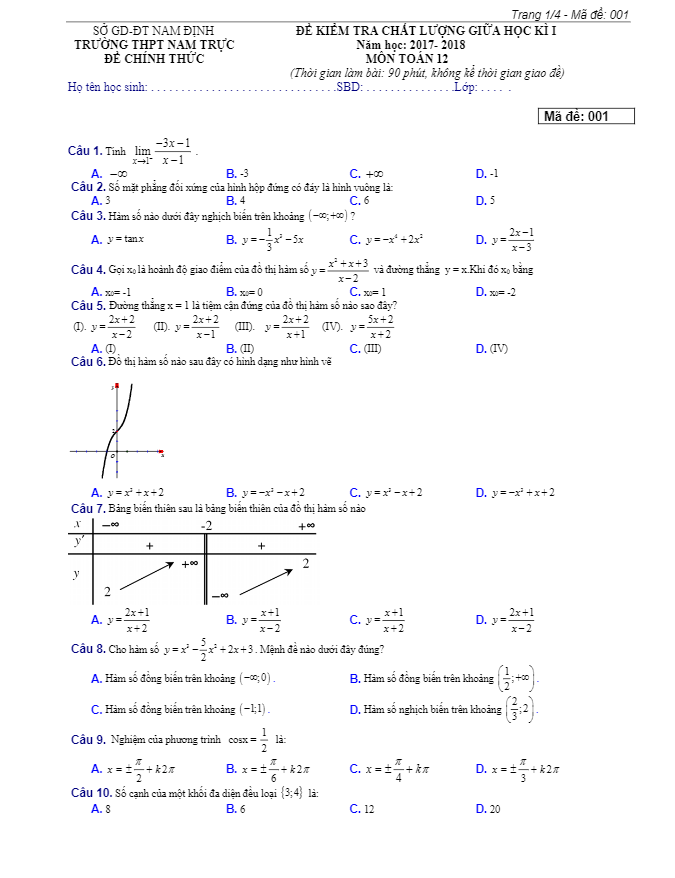 Đề kiểm tra chất lượng giữa HK1 năm 2017 – 2018 môn Toán 12 trường THPT Nam Trực – Nam Định