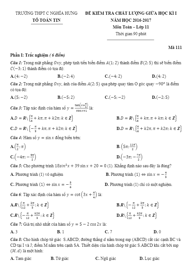 Đề kiểm tra chất lượng giữa HKI môn Toán 11 trường C Nghĩa Hưng – Nam Định