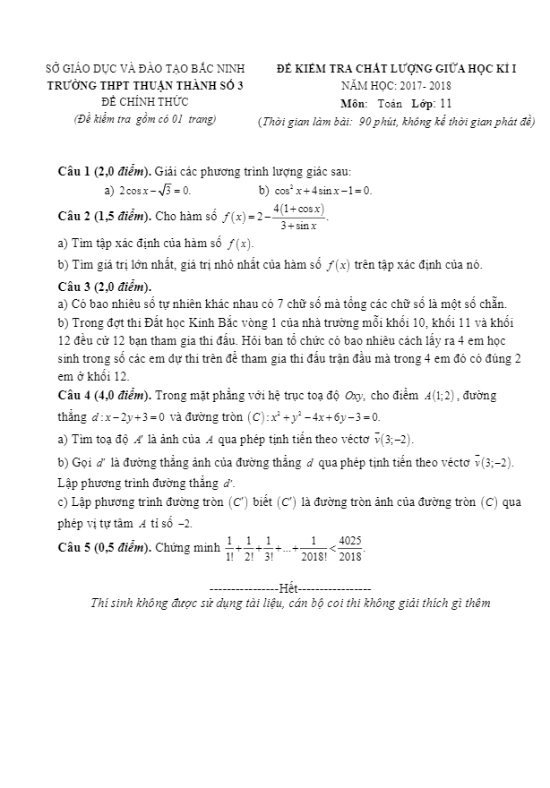 Đề kiểm tra chất lượng giữa kỳ 1 năm 2017 – 2018 môn Toán 11 trường Thuận Thành 3 – Bắc Ninh