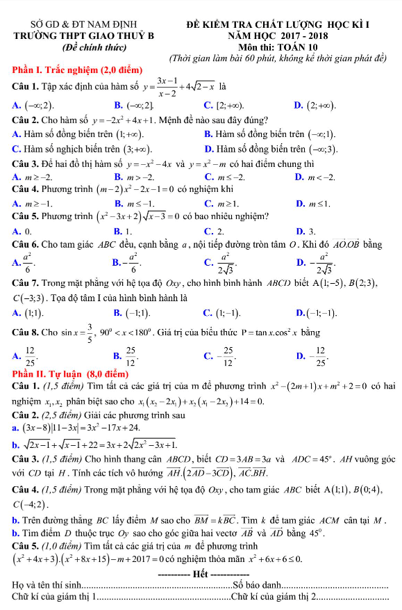 Đề kiểm tra chất lượng HK1 Toán 10 năm học 2017 – 2018 trường THPT Giao Thủy B – Nam Định