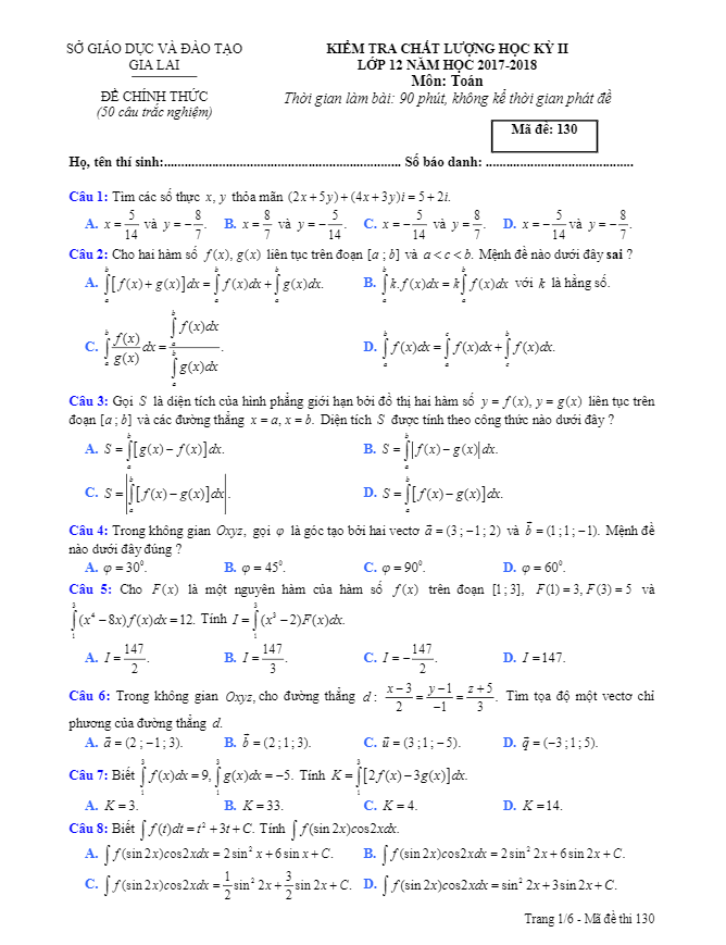 Đề kiểm tra chất lượng HK2 Toán 12 năm 2017 – 2018 sở GD và ĐT Gia Lai