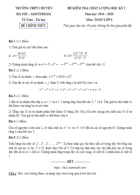 Đề kiểm tra chất lượng Toán 6 năm 2019 – 2020 trường chuyên Hà Nội – Amsterdam
