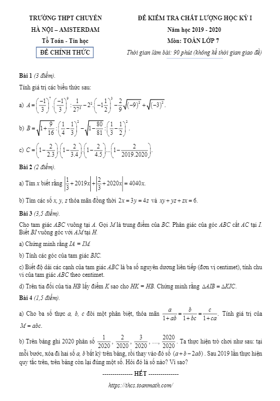 Đề kiểm tra chất lượng Toán 7 năm 2019 – 2020 trường chuyên Hà Nội – Amsterdam