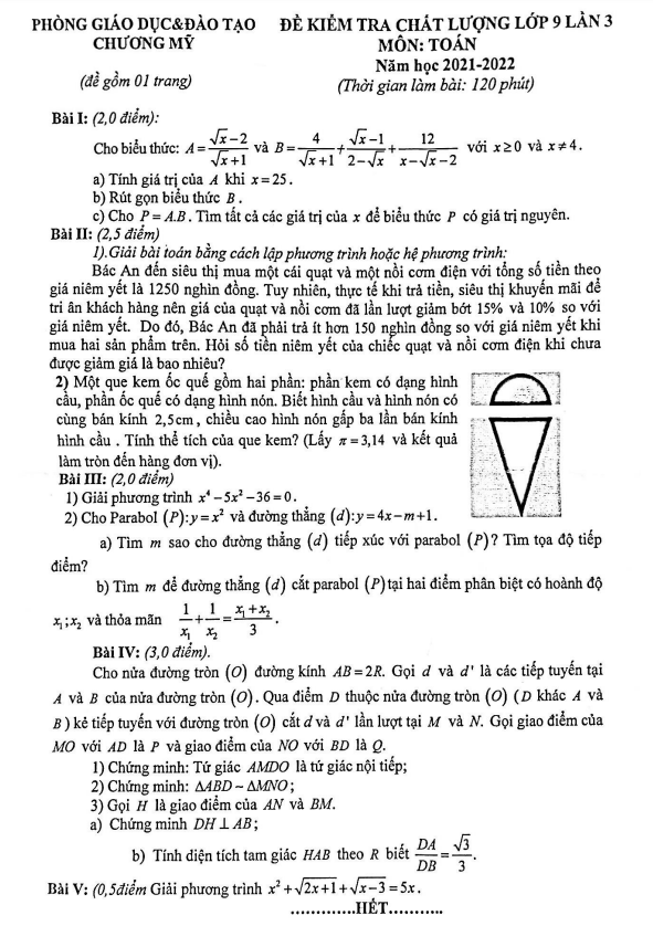 Đề kiểm tra chất lượng Toán 9 lần 3 năm 2021 – 2022 phòng GD&ĐT Chương Mỹ – Hà Nội