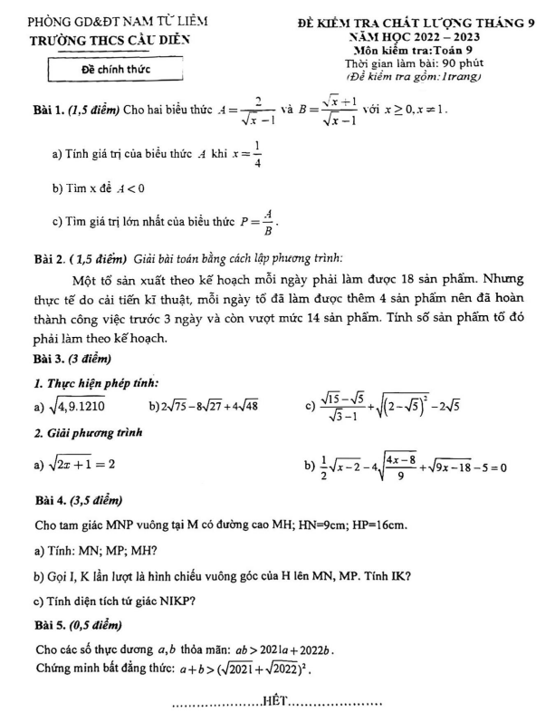 Đề kiểm tra chất lượng Toán 9 tháng 9 năm 2022 trường THCS Cầu Diễn – Hà Nội