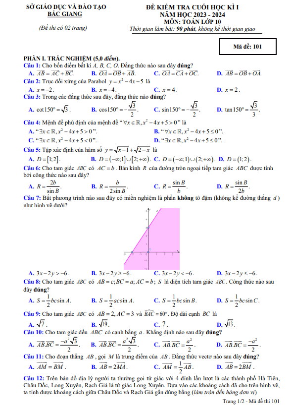 Đề kiểm tra cuối học kì 1 Toán 10 năm 2023 – 2024 sở GD&ĐT Bắc Giang