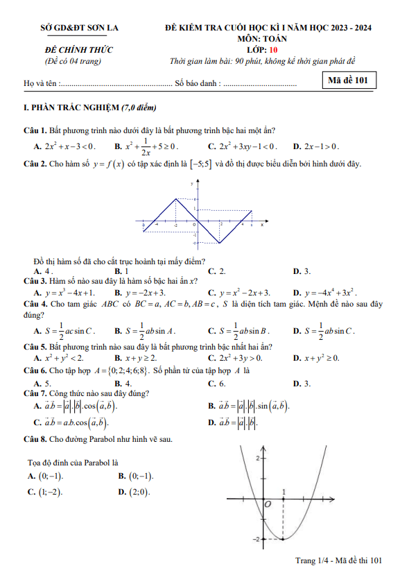 Đề kiểm tra cuối học kì 1 Toán 10 năm 2023 – 2024 sở GD&ĐT Sơn La