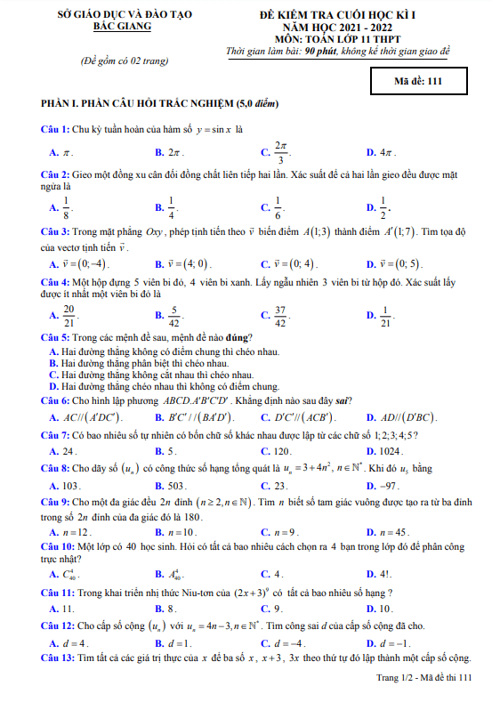 Đề kiểm tra cuối học kì 1 Toán 11 năm 2021 – 2022 sở GD&ĐT Bắc Giang