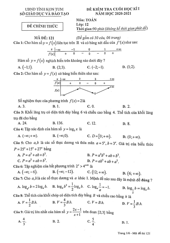 Đề kiểm tra cuối học kì 1 Toán 12 năm 2020 – 2021 sở GD&ĐT Kon Tum