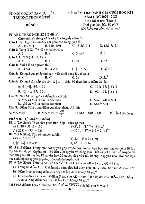 Đề kiểm tra cuối học kì 1 Toán 6 năm 2020 – 2021 trường THCS Mễ Trì – Hà Nội