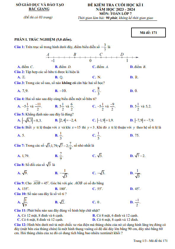 Đề kiểm tra cuối học kì 1 Toán 7 năm 2023 – 2024 sở GD&ĐT Bắc Giang