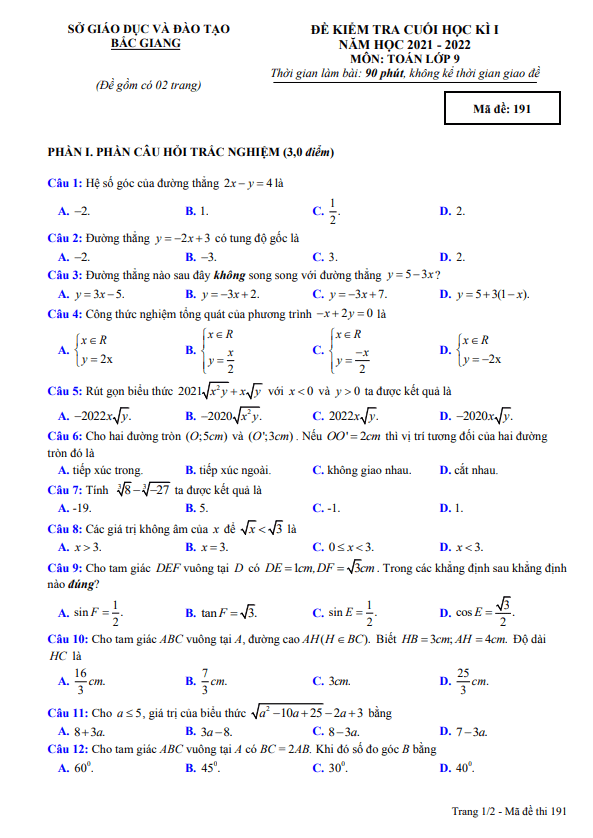 Đề kiểm tra cuối học kì 1 Toán 9 năm 2021 – 2022 sở GD&ĐT Bắc Giang