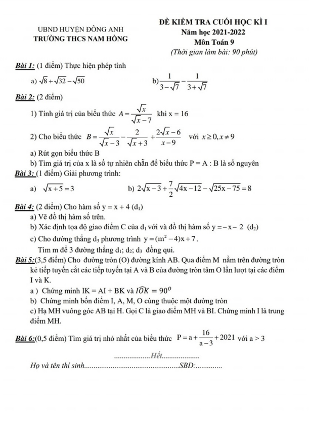 Đề kiểm tra cuối học kì 1 Toán 9 năm 2021 – 2022 trường THCS Nam Hồng – Hà Nội