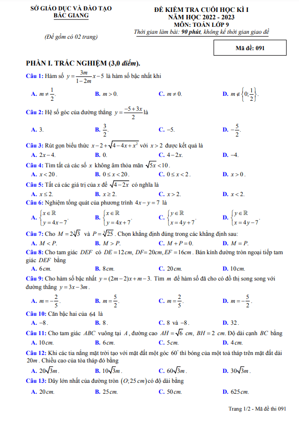 Đề kiểm tra cuối học kì 1 Toán 9 năm 2022 – 2023 sở GD&ĐT Bắc Giang