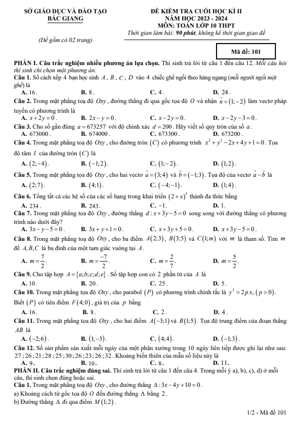 Đề kiểm tra cuối học kì 2 Toán 10 năm 2023 – 2024 sở GD&ĐT Bắc Giang