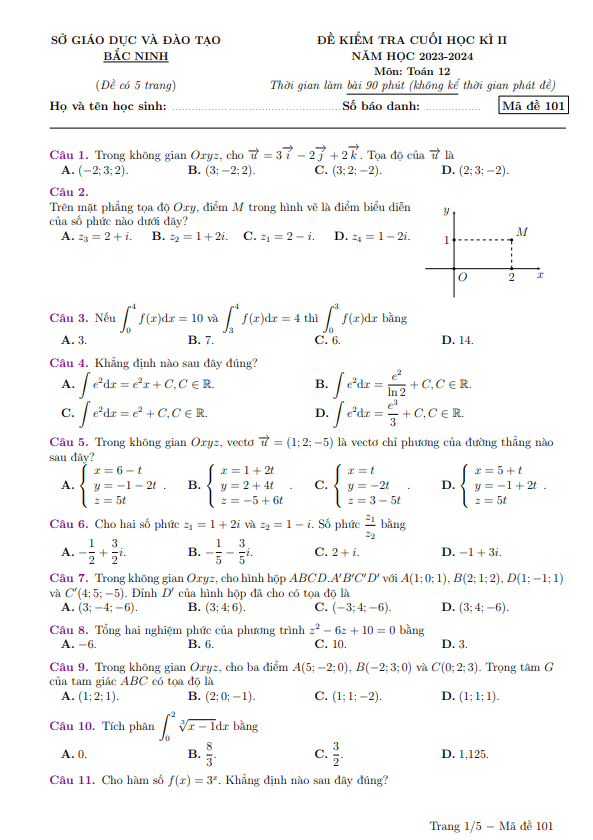 Đề kiểm tra cuối học kì 2 Toán 12 năm 2023 – 2024 sở GD&ĐT Bắc Ninh