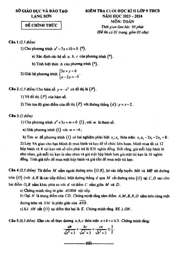 Đề kiểm tra cuối học kì 2 Toán 9 năm 2023 – 2024 sở GD&ĐT Lạng Sơn