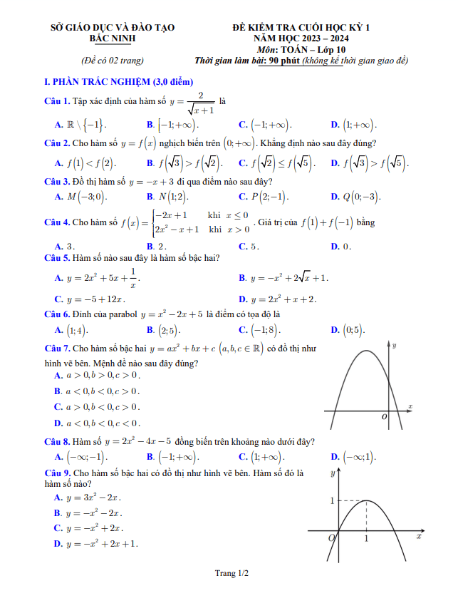 Đề kiểm tra cuối học kỳ 1 Toán 10 năm 2023 – 2024 sở GD&ĐT Bắc Ninh