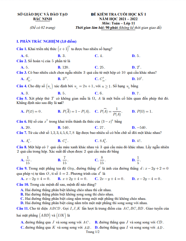 Đề kiểm tra cuối học kỳ 1 Toán 11 năm 2021 – 2022 sở GD&ĐT Bắc Ninh