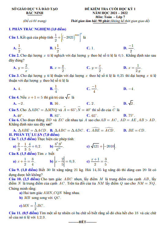 Đề kiểm tra cuối học kỳ 1 Toán 7 năm 2021 – 2022 sở GD&ĐT Bắc Ninh