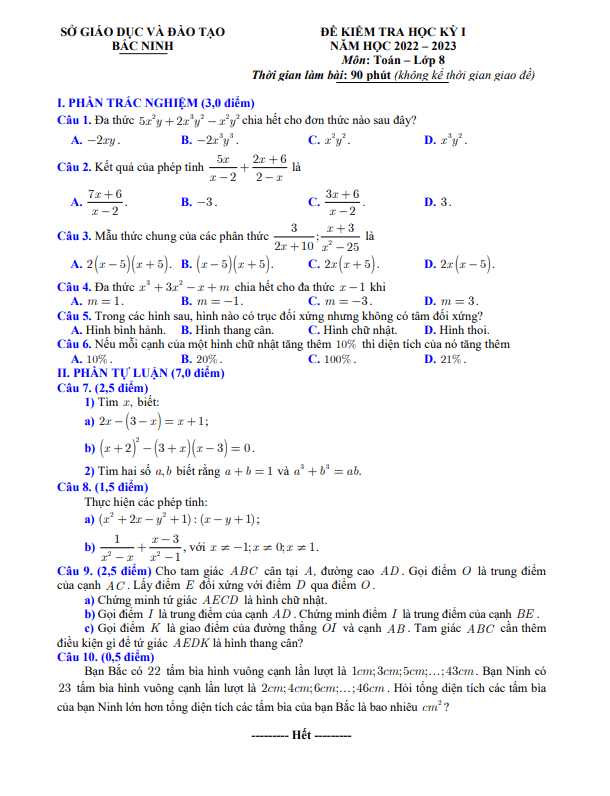 Đề kiểm tra cuối học kỳ 1 Toán 8 năm 2022 – 2023 sở GD&ĐT Bắc Ninh