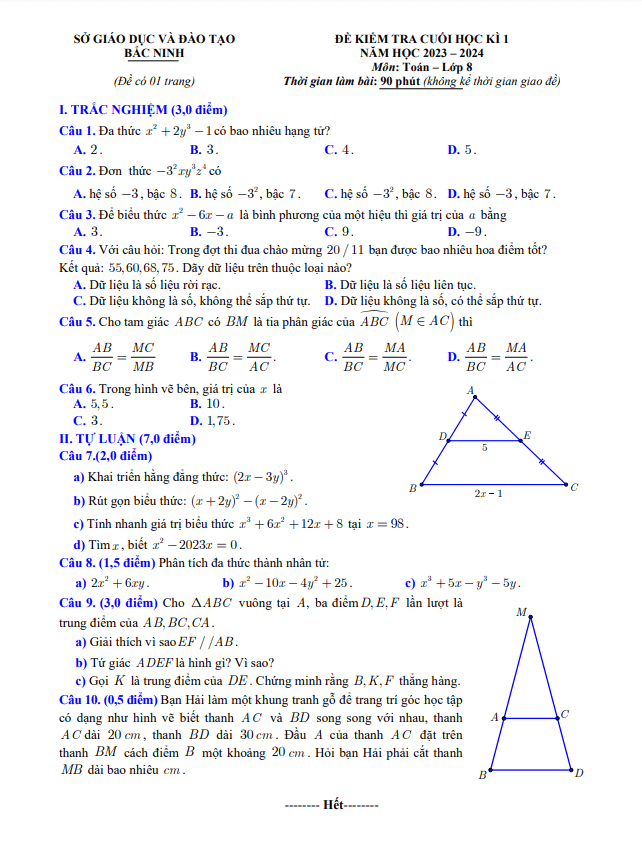 Đề kiểm tra cuối học kỳ 1 Toán 8 năm 2023 – 2024 sở GD&ĐT Bắc Ninh