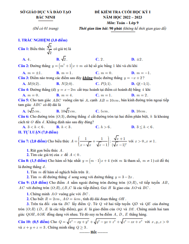 Đề kiểm tra cuối học kỳ 1 Toán 9 năm 2022 – 2023 sở GD&ĐT Bắc Ninh