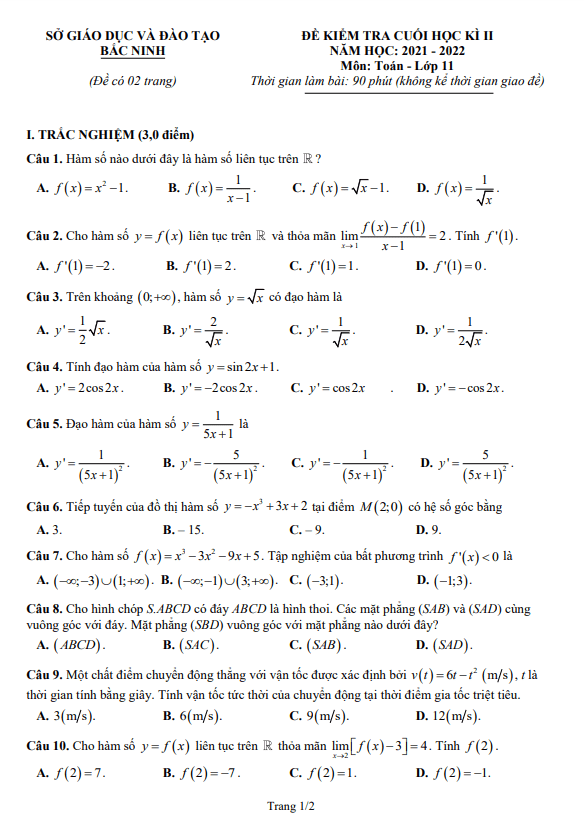 Đề kiểm tra cuối học kỳ 2 Toán 11 năm 2021 – 2022 sở GD&ĐT Bắc Ninh