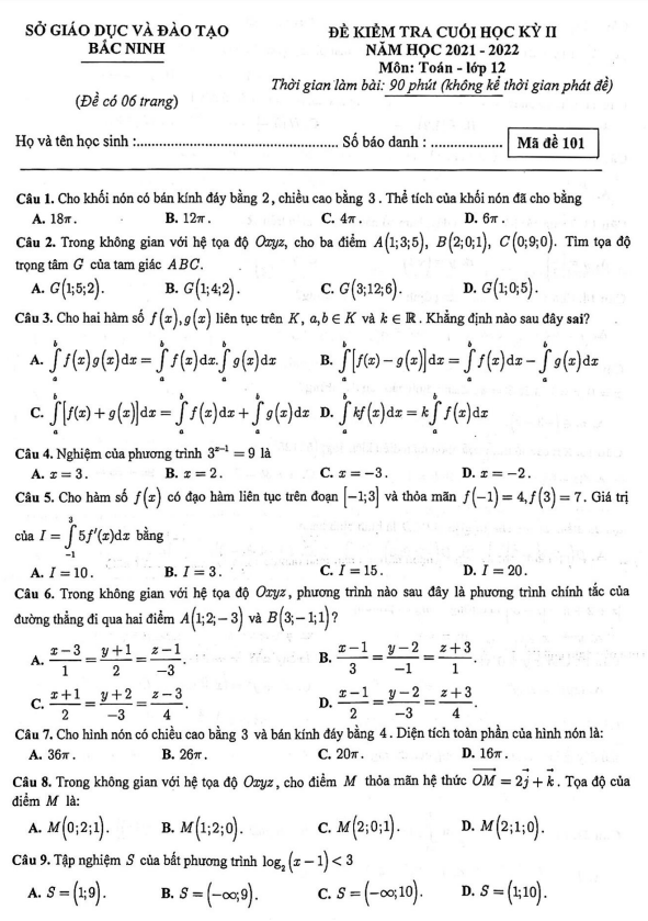 Đề kiểm tra cuối học kỳ 2 Toán 12 năm 2021 – 2022 sở GD&ĐT Bắc Ninh