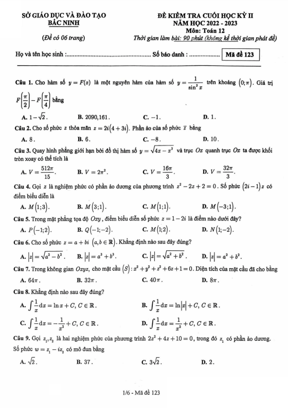 Đề kiểm tra cuối học kỳ 2 Toán 12 năm 2022 – 2023 sở GD&ĐT Bắc Ninh