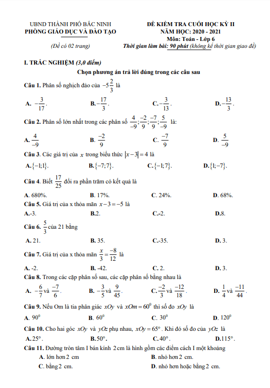 Đề kiểm tra cuối học kỳ 2 Toán 6 năm 2020 – 2021 phòng GD&ĐT thành phố Bắc Ninh