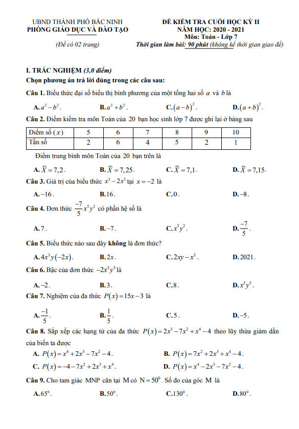 Đề kiểm tra cuối học kỳ 2 Toán 7 năm 2020 – 2021 phòng GD&ĐT thành phố Bắc Ninh