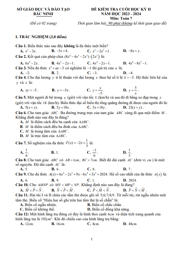 Đề kiểm tra cuối học kỳ 2 Toán 7 năm 2023 – 2024 sở GD&ĐT Bắc Ninh