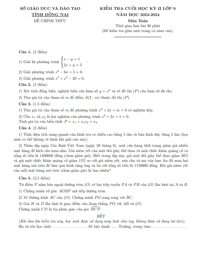 Đề kiểm tra cuối học kỳ 2 Toán 9 năm 2023 – 2024 sở GD&ĐT Đồng Nai
