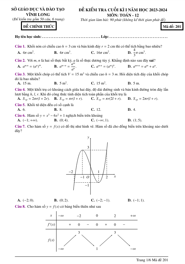 Đề kiểm tra cuối kì 1 Toán 12 năm 2023 – 2024 sở GD&ĐT Vĩnh Long