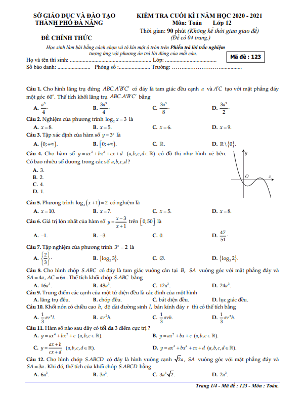 Đề kiểm tra cuối kì 1 Toán 12 năm học 2020 – 2021 sở GD&ĐT Đà Nẵng